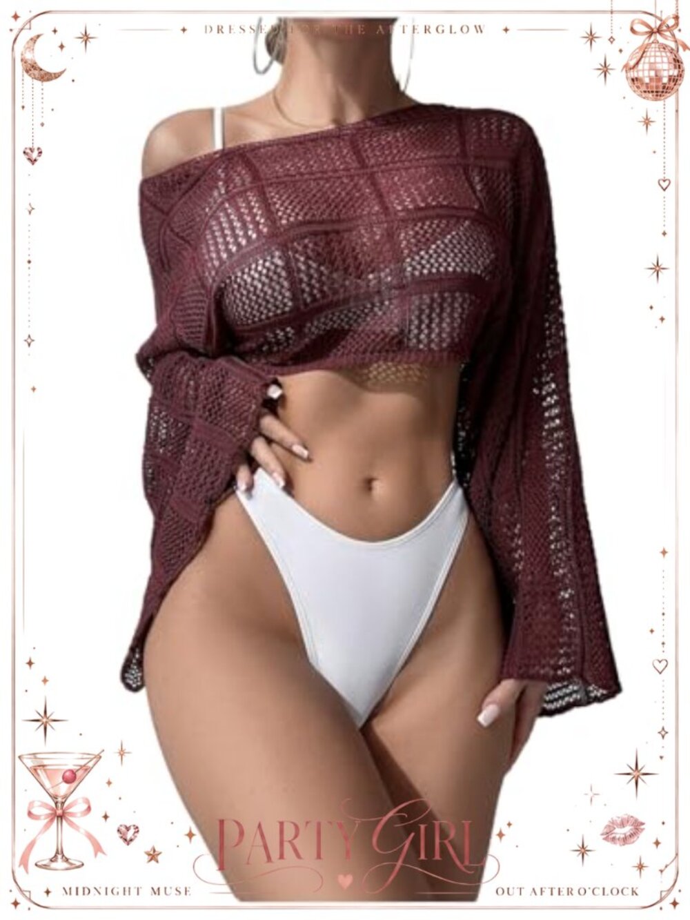 Crochet Hollow Out Long Sleeve Crop Coverup Sheer Knit Beachwear